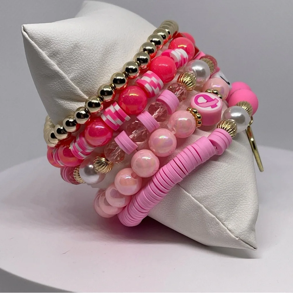 NWT! Fashion Jewelry 5 pink and gold beaded stackable stretch bracelets